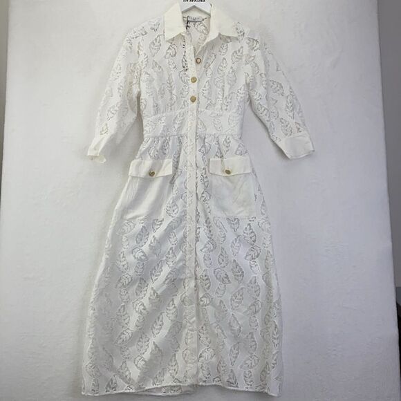 Sandro Zenali White Lace with Leaf Pattern MIDI Dress - Picture 5 of 8